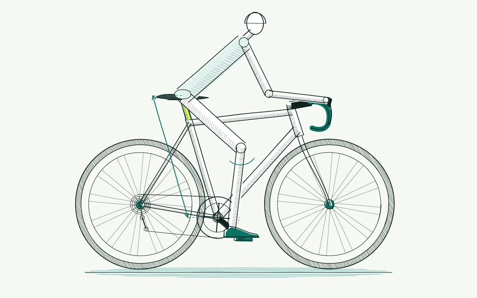 A rider on a road bike with a measurement from bottom bracket to saddle and a bent knee during pedalling.