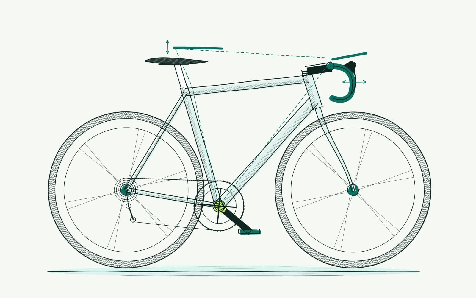 Two bicycle silhouettes sharing a bottom bracket reference, with different saddle and handlebar contact points for comparing riding positions.