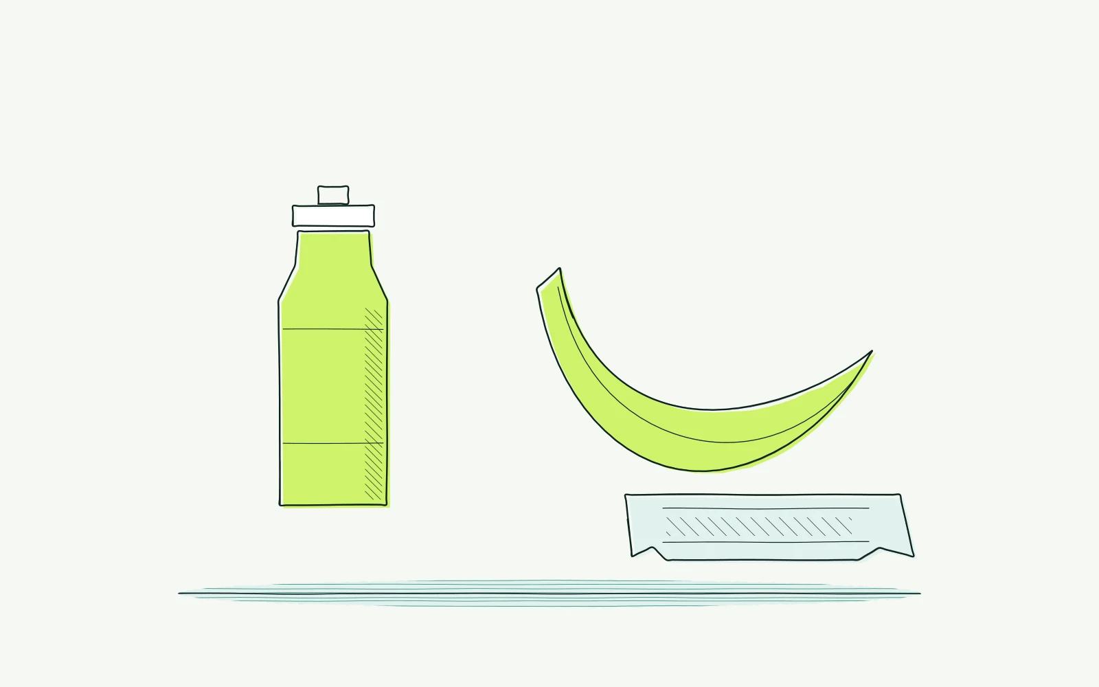 Bidon naast een banaan en verpakte voedingsreep om drinken en brandstof als afzonderlijke onderdelen te plannen.