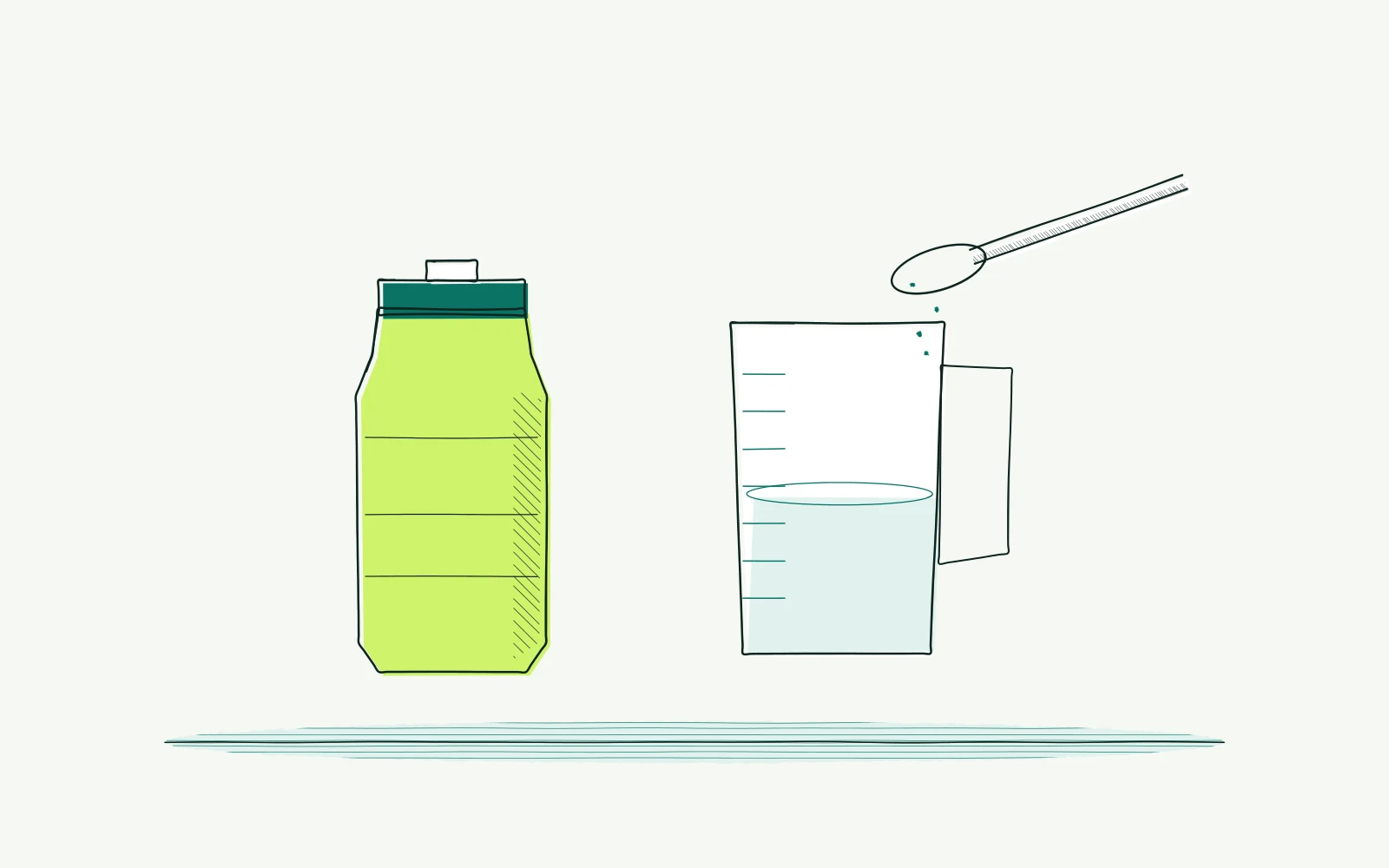 Bottle beside a measuring jug and small scoop of sports drink powder, relating powder quantity to measured water.