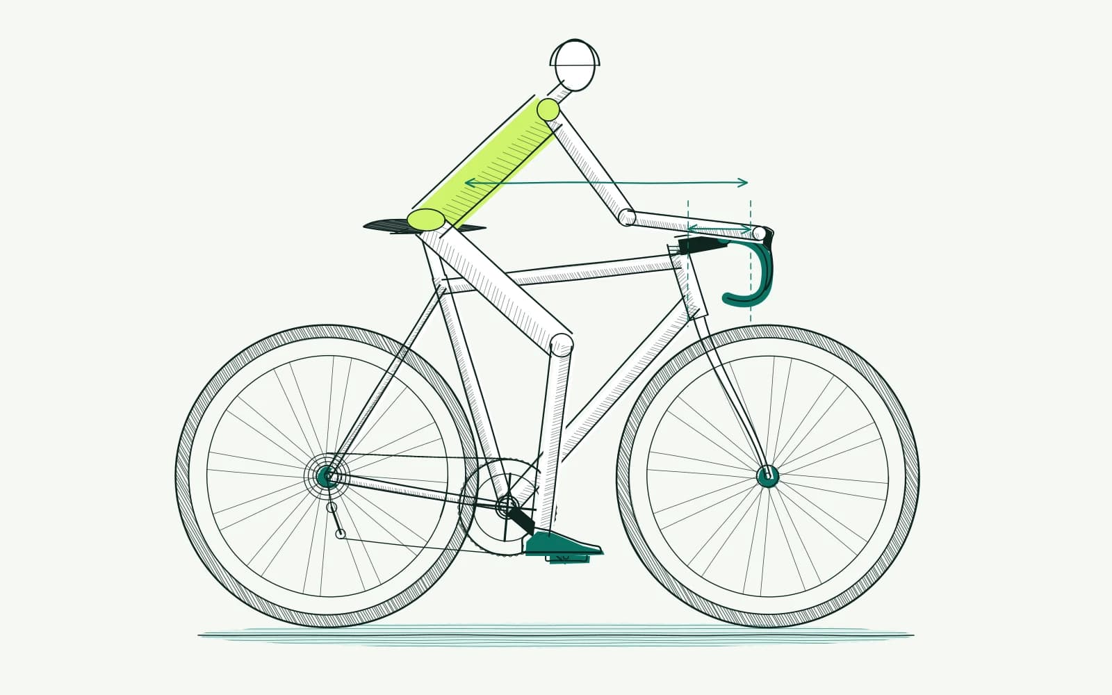 Rider with a short torso beside two handlebar positions, with measurement lines showing the difference in distance to the hoods.