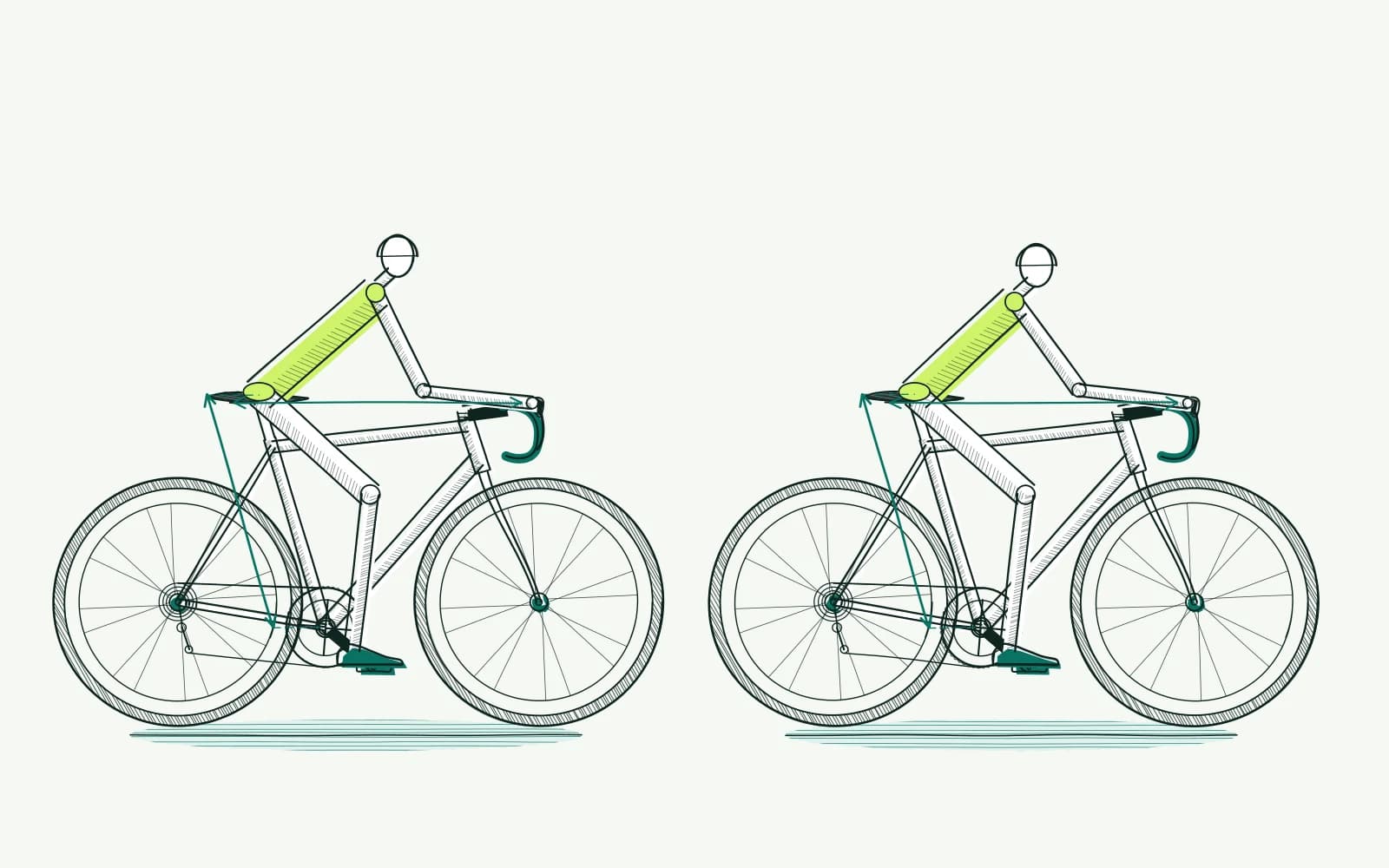 Two cyclists with different torso-to-leg proportions and separate measurement lines for saddle height and hand distance.