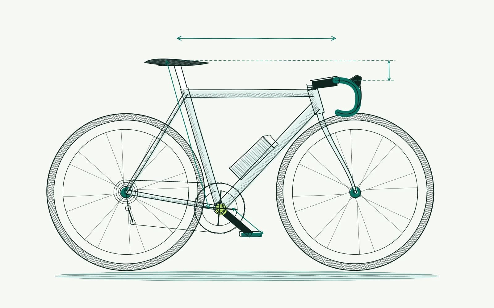 Side view of a bike with separate dimension lines for saddle height, handlebar reach, bar drop and crank length.