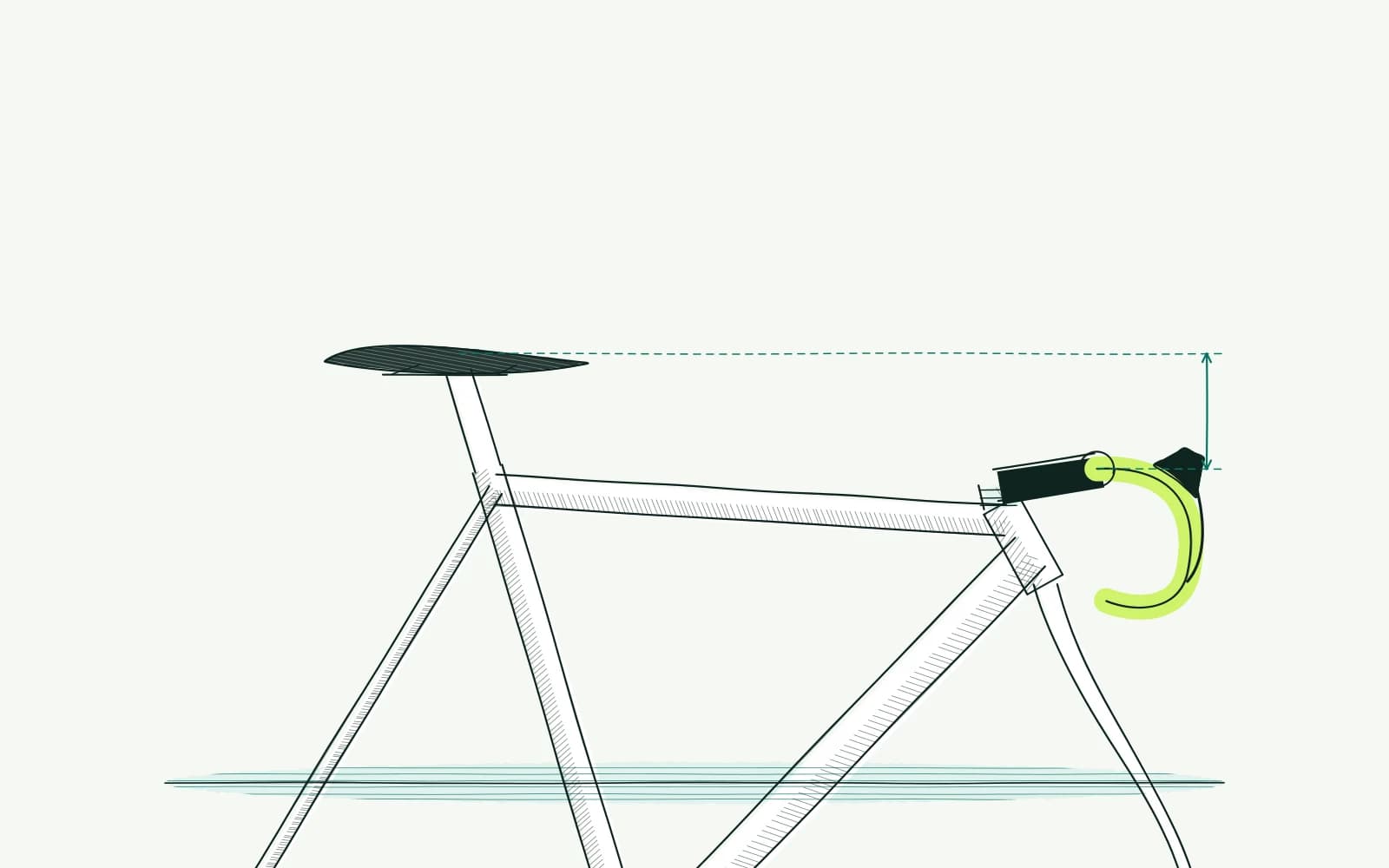 Saddle and lower handlebars with horizontal reference lines and a vertical arrow showing their height difference.