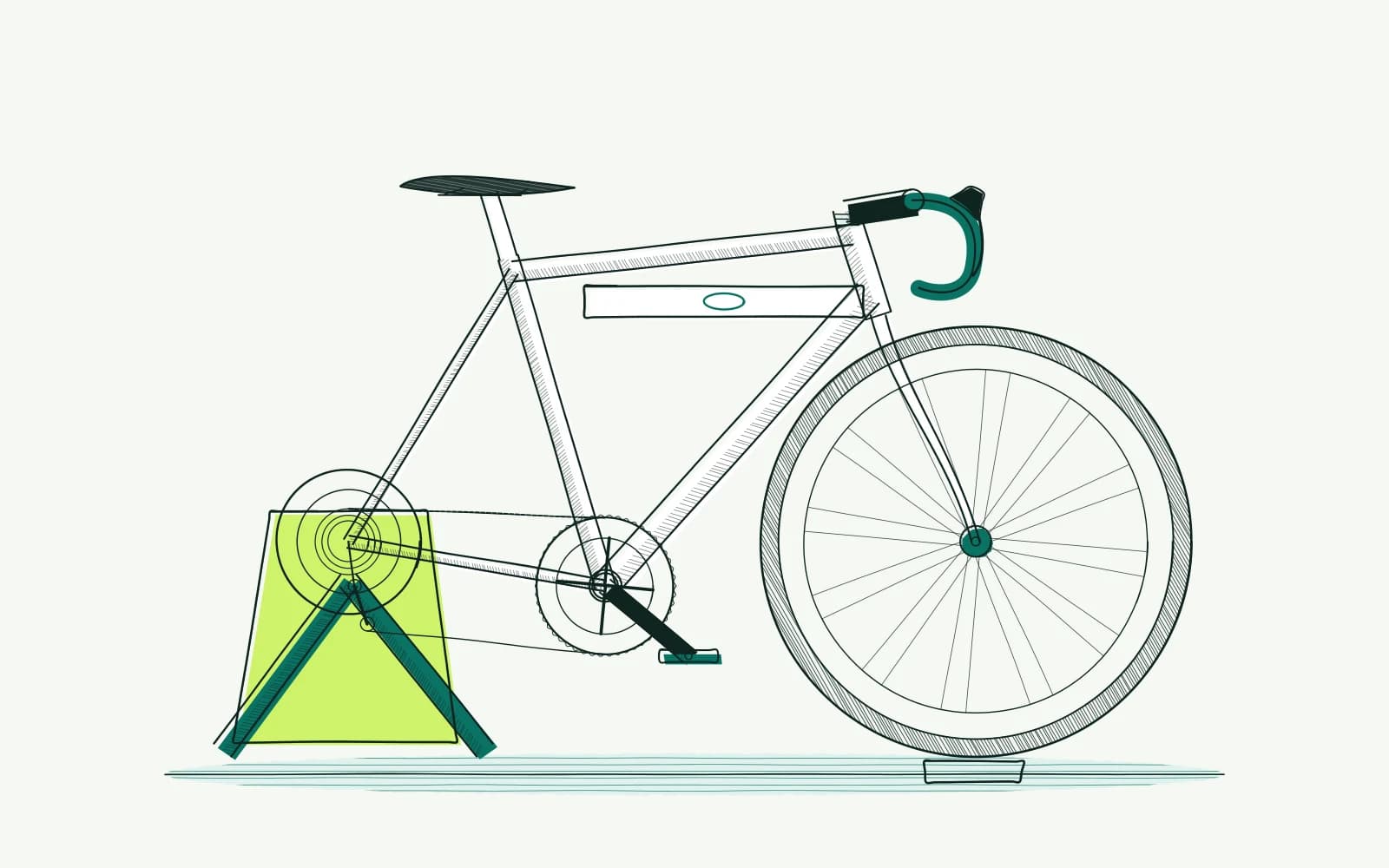 Bike on a trainer with a front-wheel support and spirit level, highlighting the orientation of the whole bike.